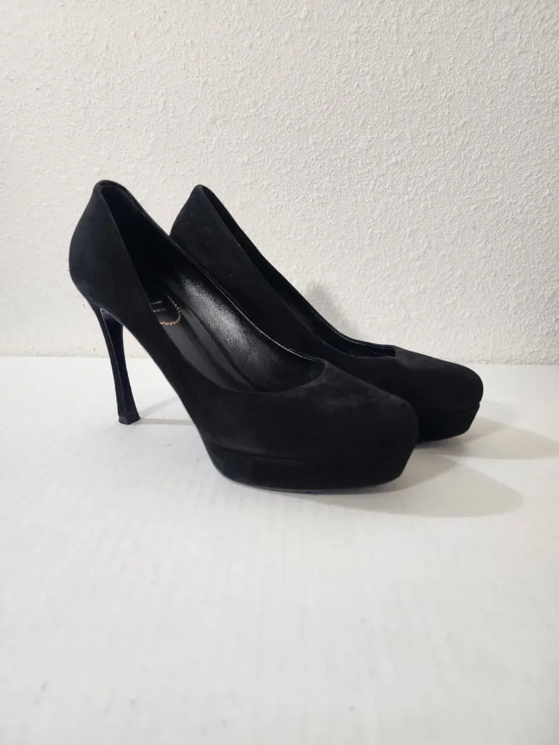 Yves Saint Laurent 女式鞋黑色麂皮绒厚底高跟鞋 40.5 码-