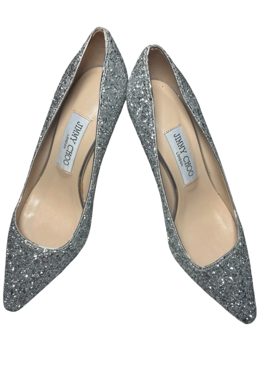 Jimmy Choo 白金混合涂漆粗闪光泵尺寸 36 免运费-