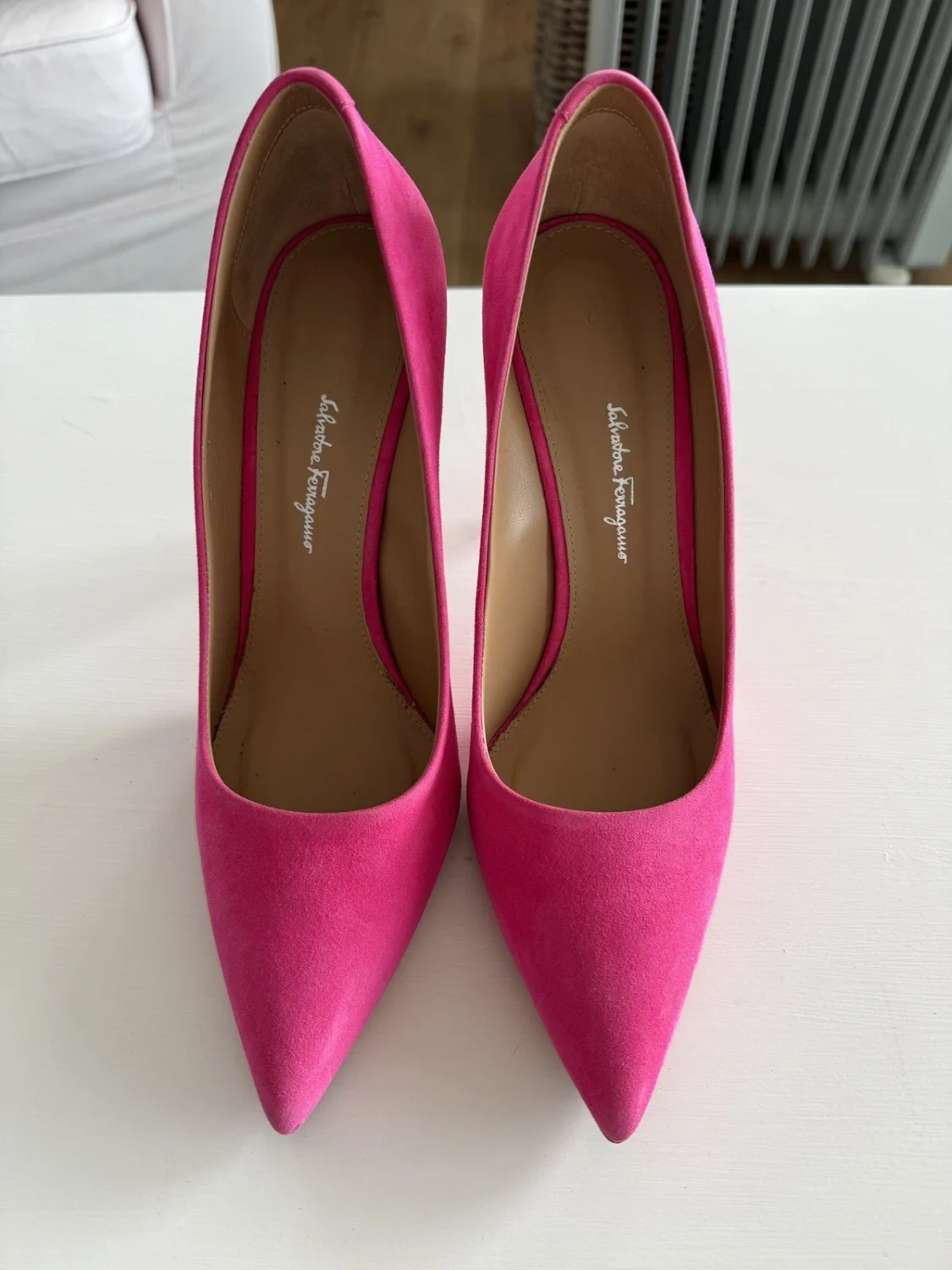 Salvatore Ferragamo Hot Pink Suede Pointed Toe Stiletto Pumps Heels