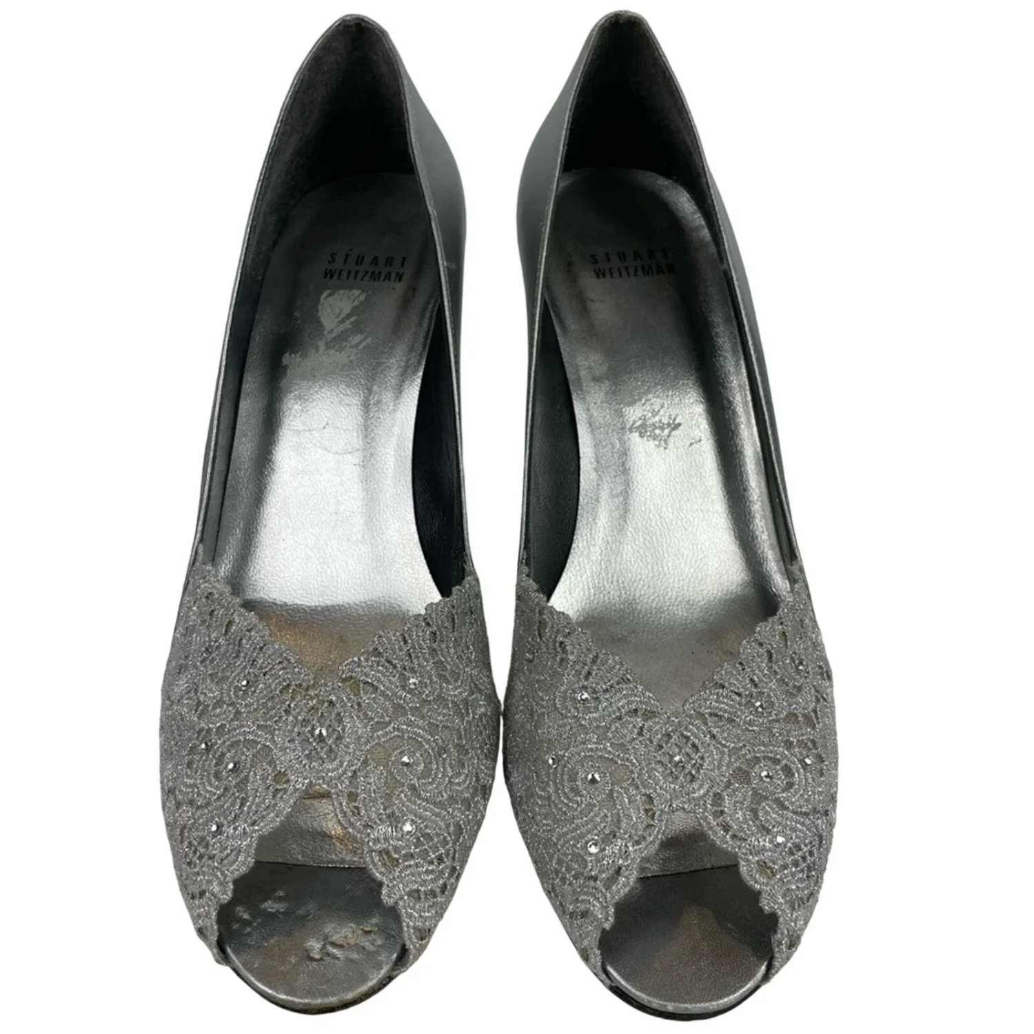 Stuart Weitzman Chantelle Chantilly 蕾丝 Alucha 银色婚礼泵 10.5 码-