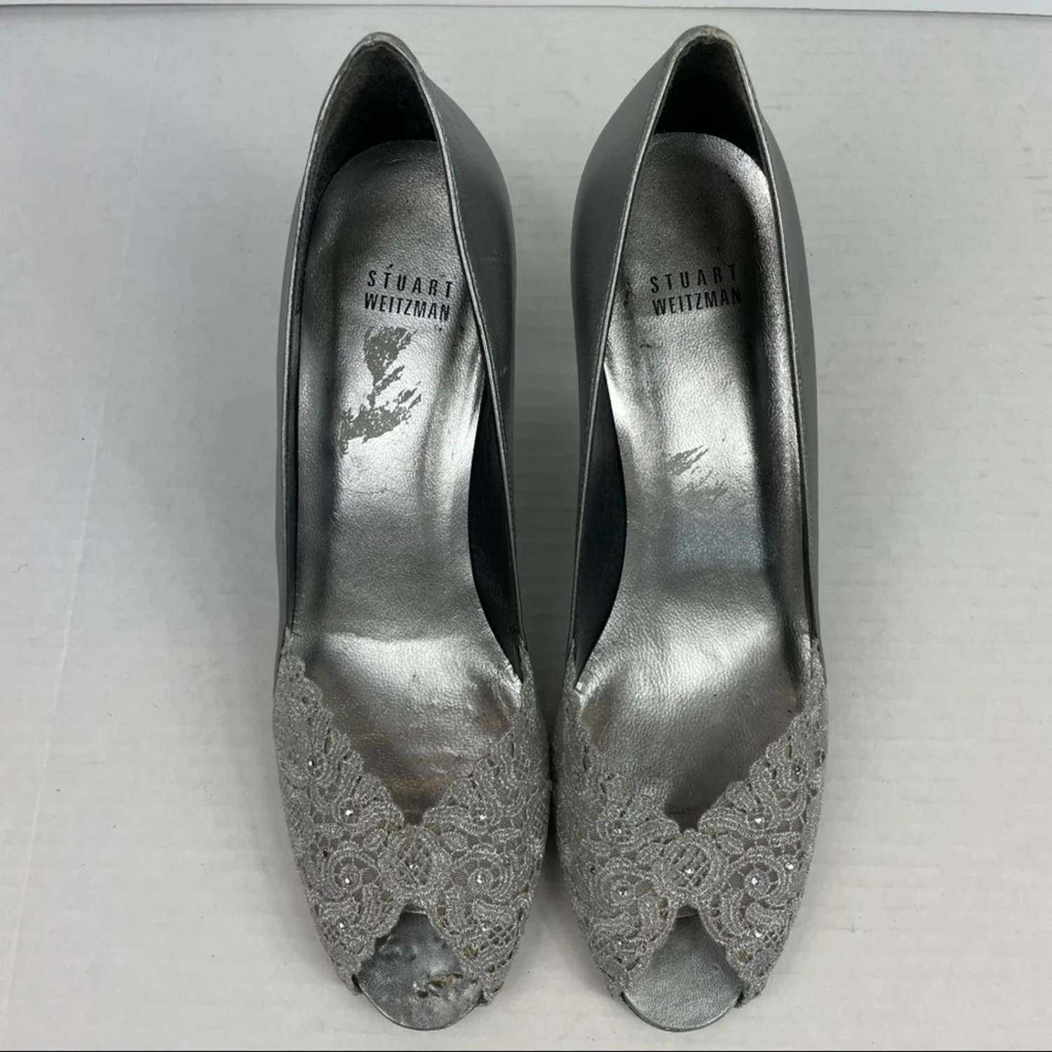 Stuart Weitzman Chantelle Chantilly 蕾丝 Alucha 银色婚礼泵 10.5 码-