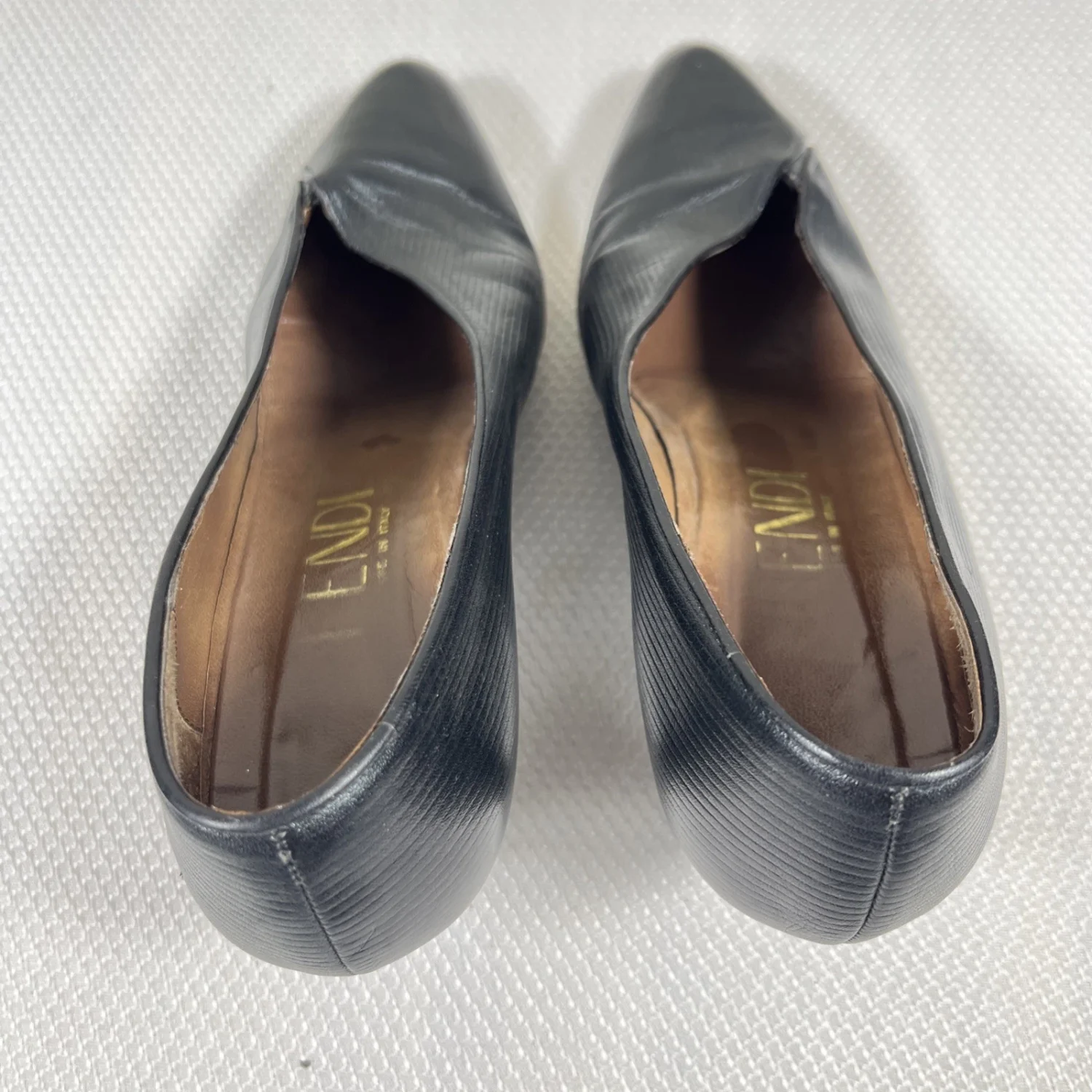 Fendi 复古 Garolino Zucchino FF 标志雕塑鞋跟黑色皮革高跟鞋 7.5 码-