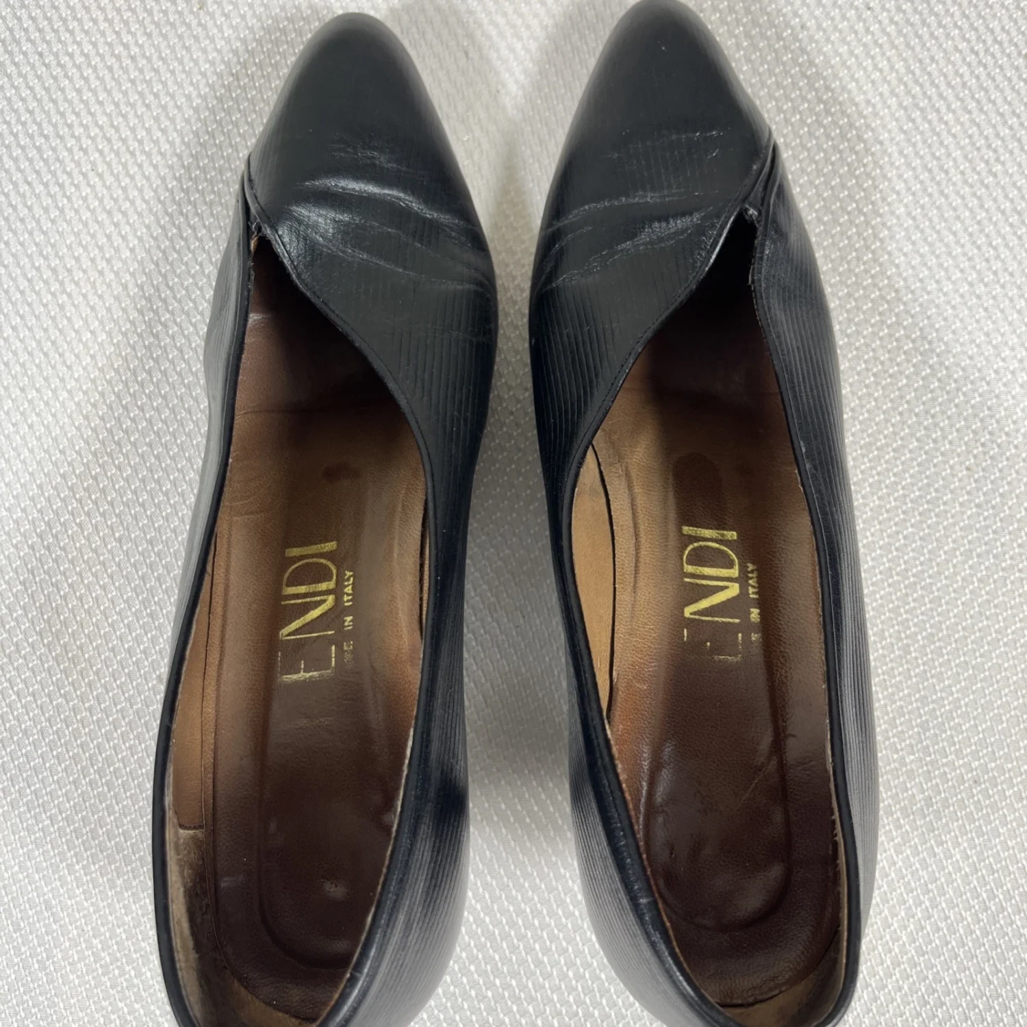 Fendi 复古 Garolino Zucchino FF 标志雕塑鞋跟黑色皮革高跟鞋 7.5 码-