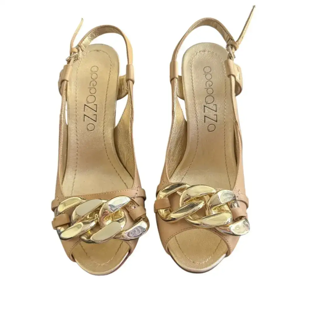 Apepazza Vero Cuoio Mila 金色和棕褐色高跟鞋楔形鞋 7.5 大号链条口音-