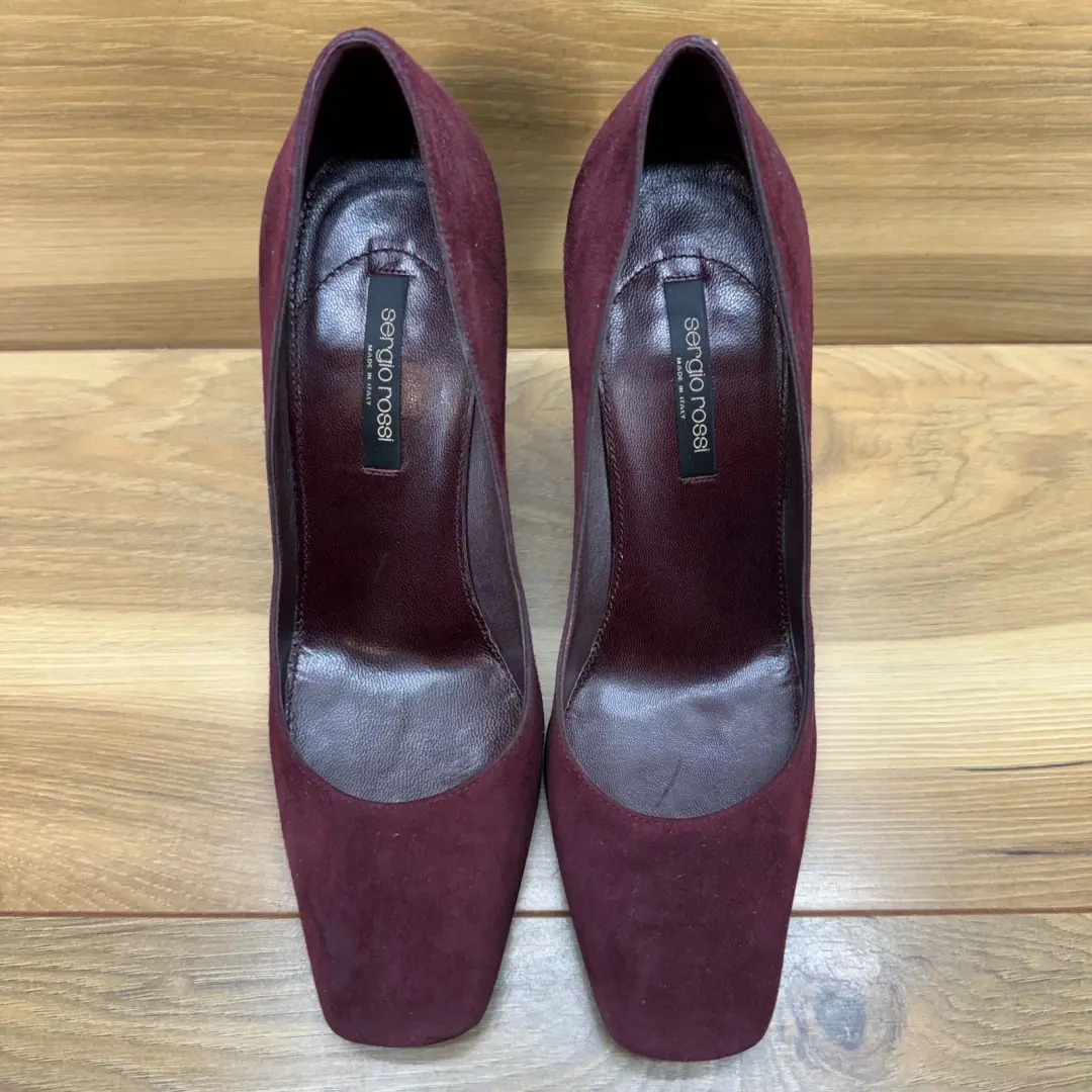 Sergio Rossi 麂皮绒楔形高跟鞋 8.5 EU 38.5 葡萄酒方头办公室极简主义者-