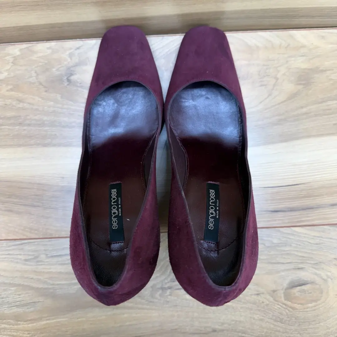 Sergio Rossi 麂皮绒楔形高跟鞋 8.5 EU 38.5 葡萄酒方头办公室极简主义者-