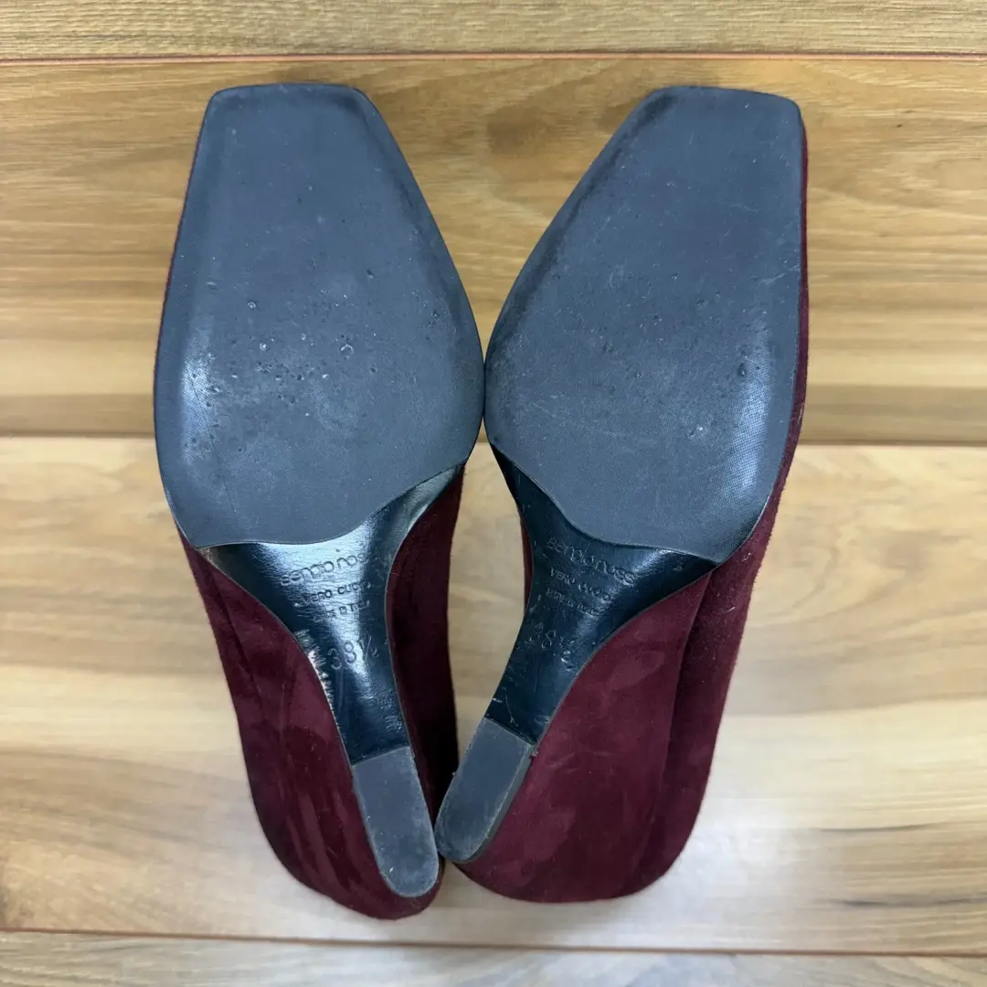 Sergio Rossi 麂皮绒楔形高跟鞋 8.5 EU 38.5 葡萄酒方头办公室极简主义者-