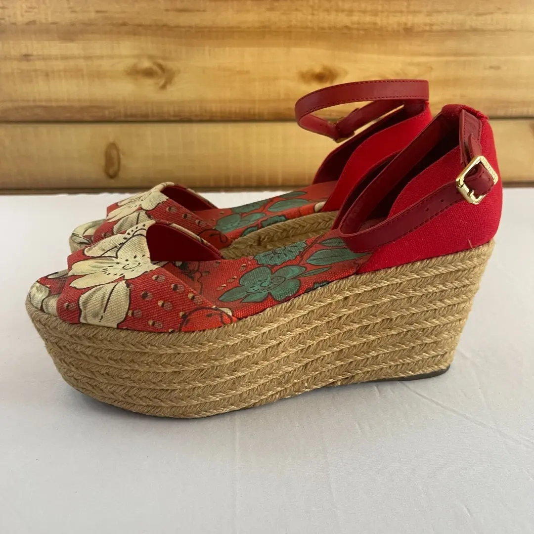 Tory Burch Sherri 9 M 皮革帆布鞋楔形厚底鞋跟露趾红色花卉-