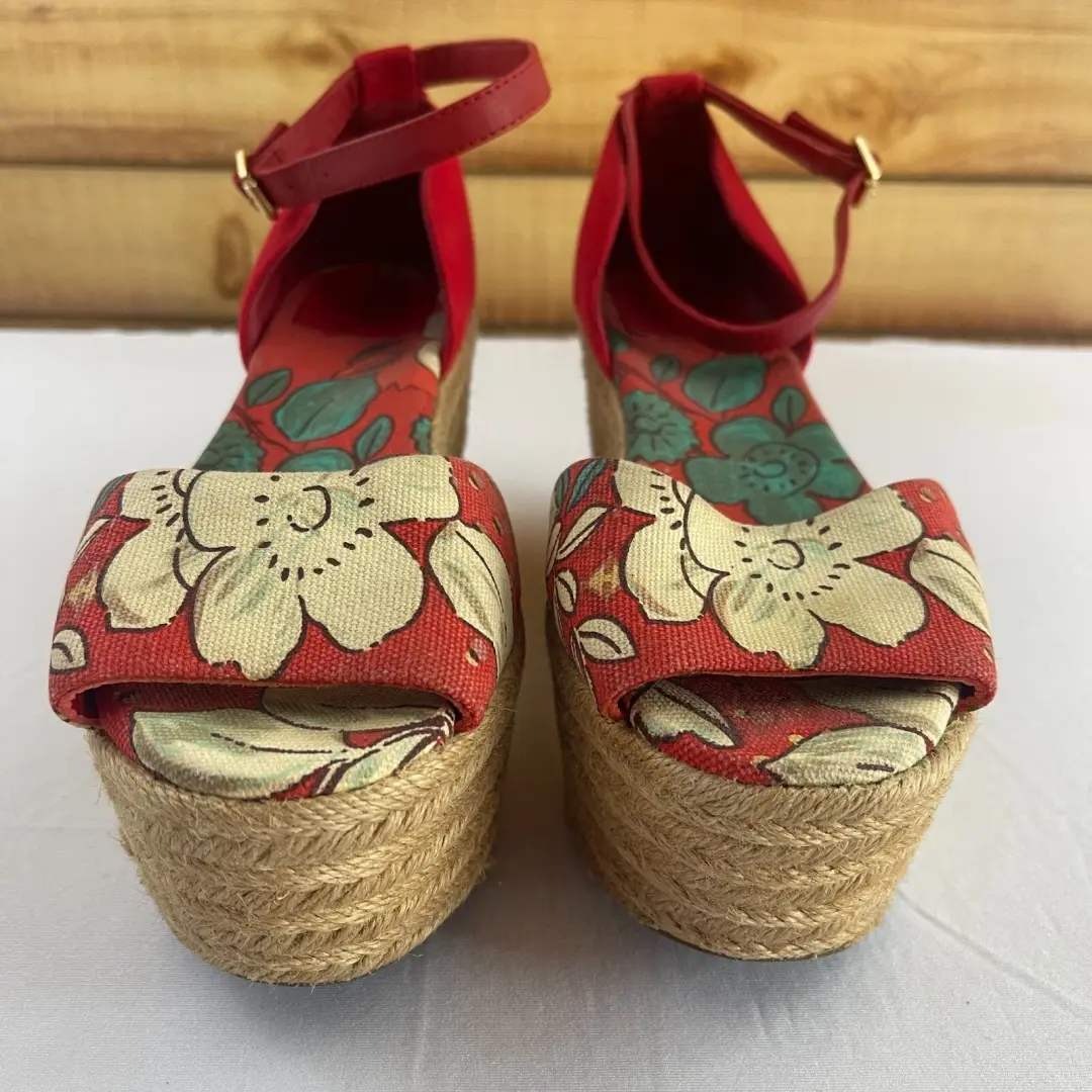 Tory Burch Sherri 9 M 皮革帆布鞋楔形厚底鞋跟露趾红色花卉-
