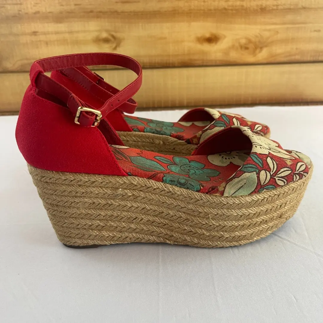 Tory Burch Sherri 9 M 皮革帆布鞋楔形厚底鞋跟露趾红色花卉-