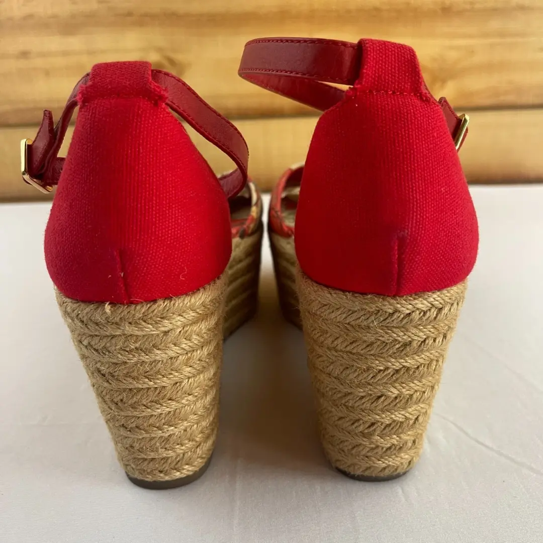 Tory Burch Sherri 9 M 皮革帆布鞋楔形厚底鞋跟露趾红色花卉-