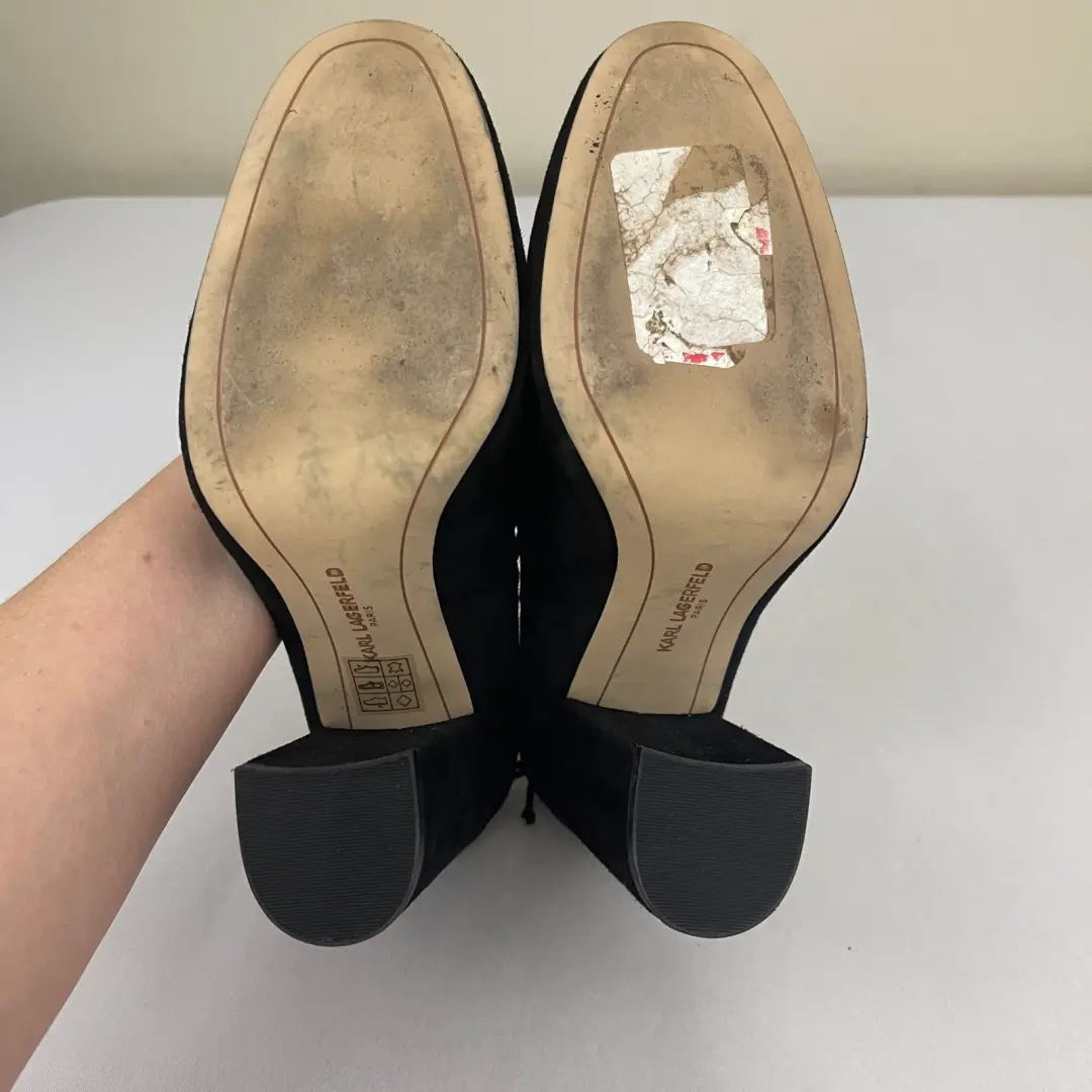 KARL LAGERFELD Paris Suger 黑色麂皮绒系带粗跟浅口鞋 8M-