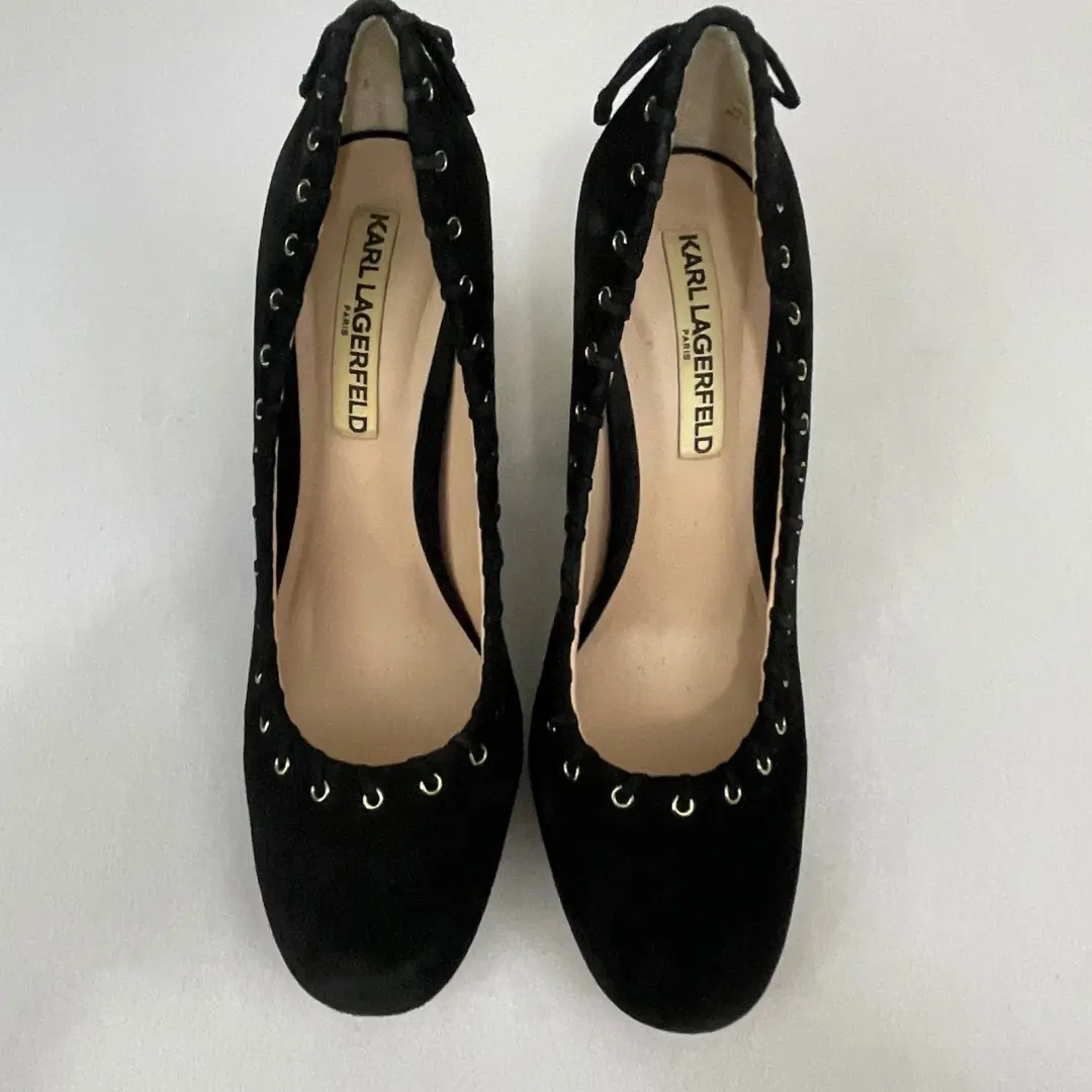 KARL LAGERFELD Paris Suger 黑色麂皮绒系带粗跟浅口鞋 8M-