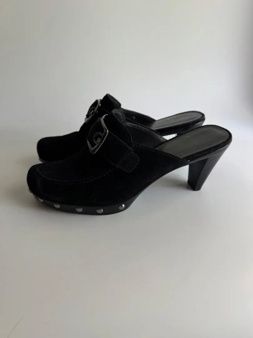 Stuart Weitzman 木屐 Y2K 拖鞋 8 码黑色麂皮绒耳钉金属扣银色 90 年代-