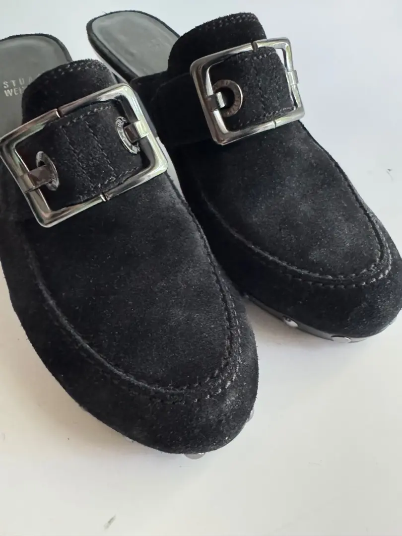 Stuart Weitzman 木屐 Y2K 拖鞋 8 码黑色麂皮绒耳钉金属扣银色 90 年代-