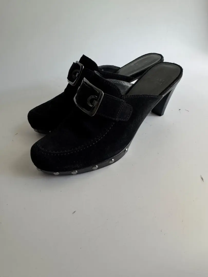 Stuart Weitzman 木屐 Y2K 拖鞋 8 码黑色麂皮绒耳钉金属扣银色 90 年代-