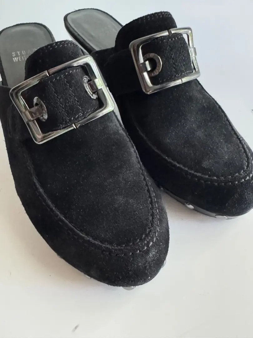 Stuart Weitzman 木屐 Y2K 拖鞋 8 码黑色麂皮绒耳钉金属扣银色 90 年代-