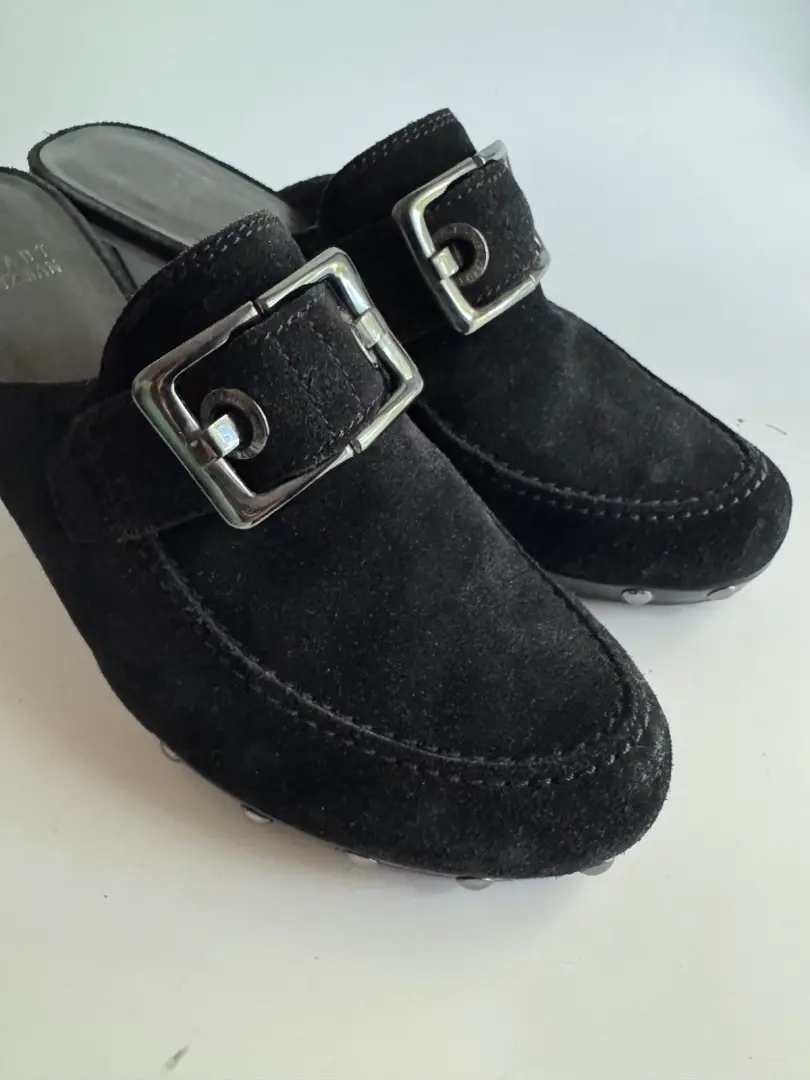 Stuart Weitzman 木屐 Y2K 拖鞋 8 码黑色麂皮绒耳钉金属扣银色 90 年代-