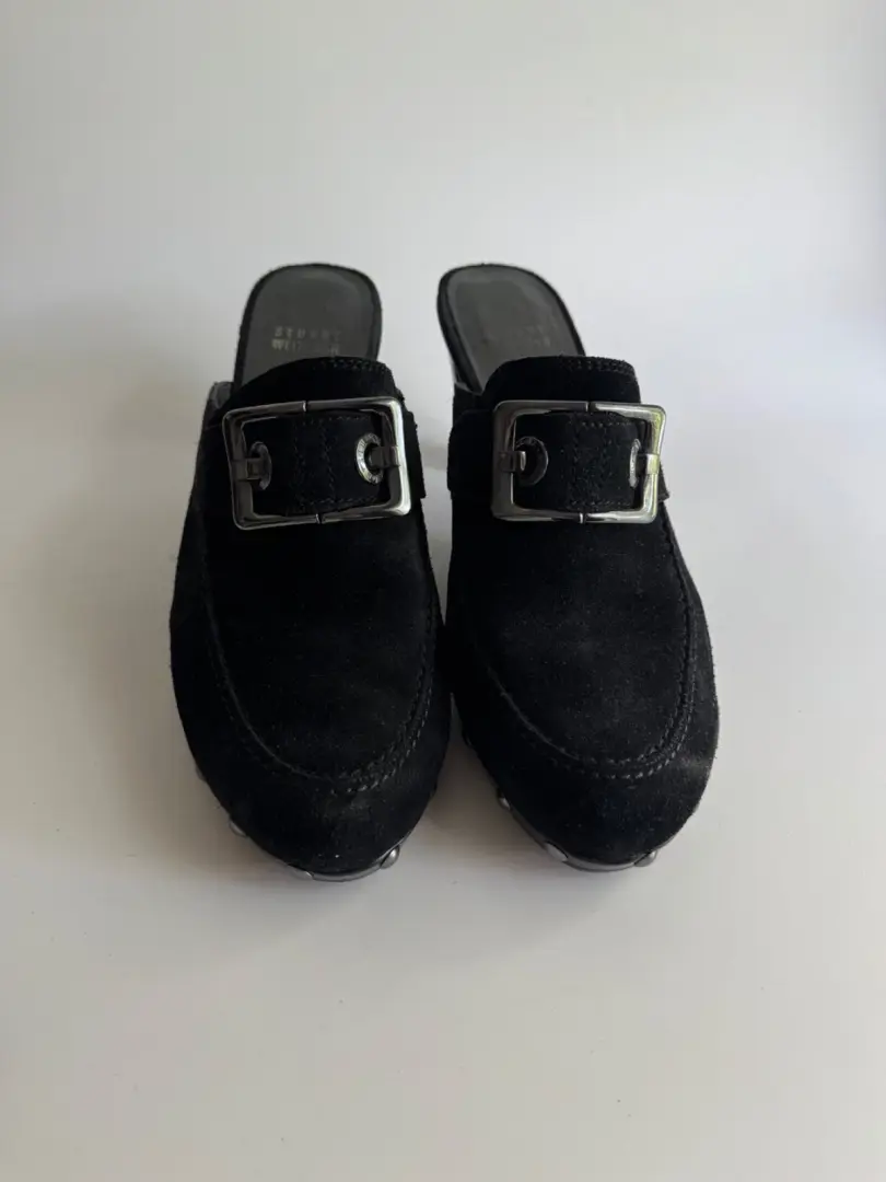 Stuart Weitzman 木屐 Y2K 拖鞋 8 码黑色麂皮绒耳钉金属扣银色 90 年代-