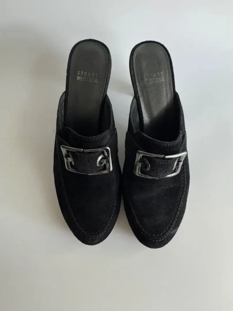 Stuart Weitzman 木屐 Y2K 拖鞋 8 码黑色麂皮绒耳钉金属扣银色 90 年代-