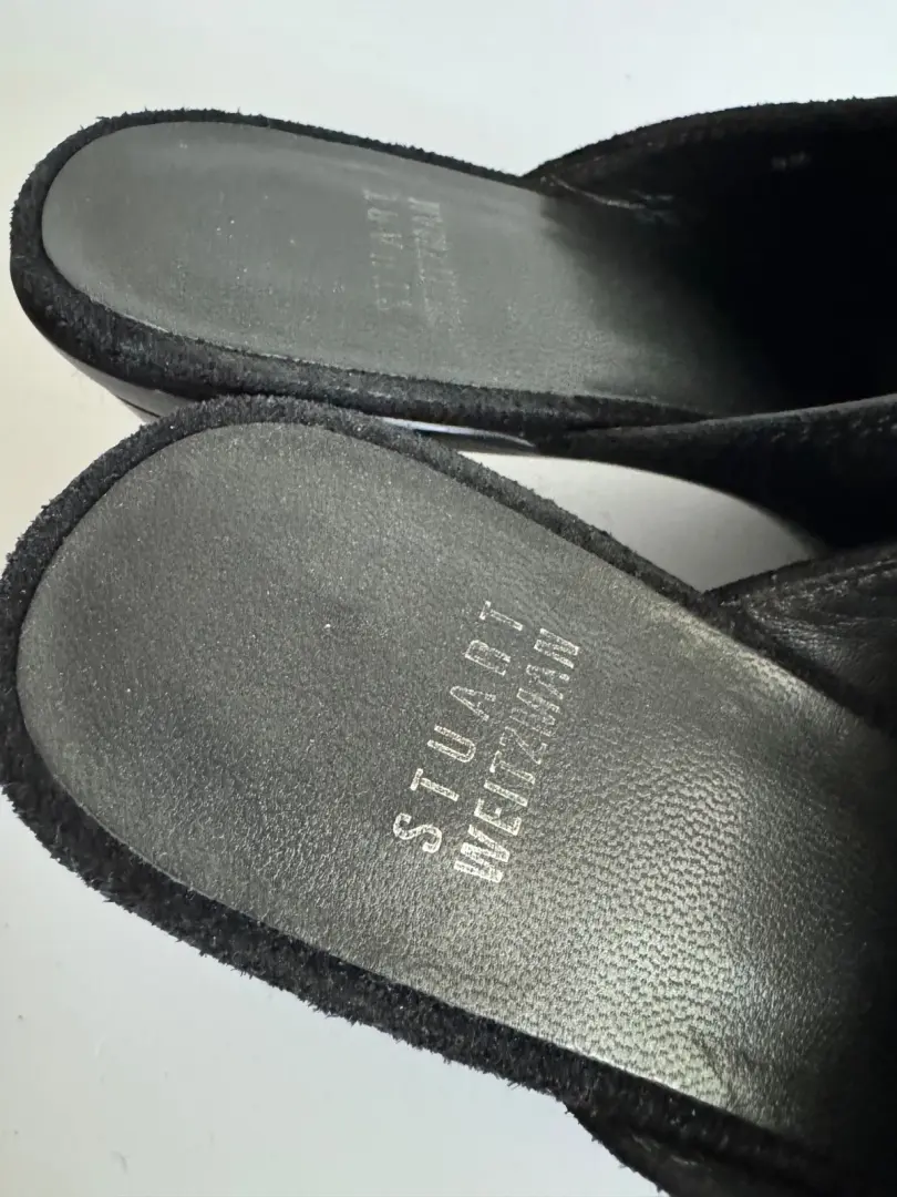 Stuart Weitzman 木屐 Y2K 拖鞋 8 码黑色麂皮绒耳钉金属扣银色 90 年代-