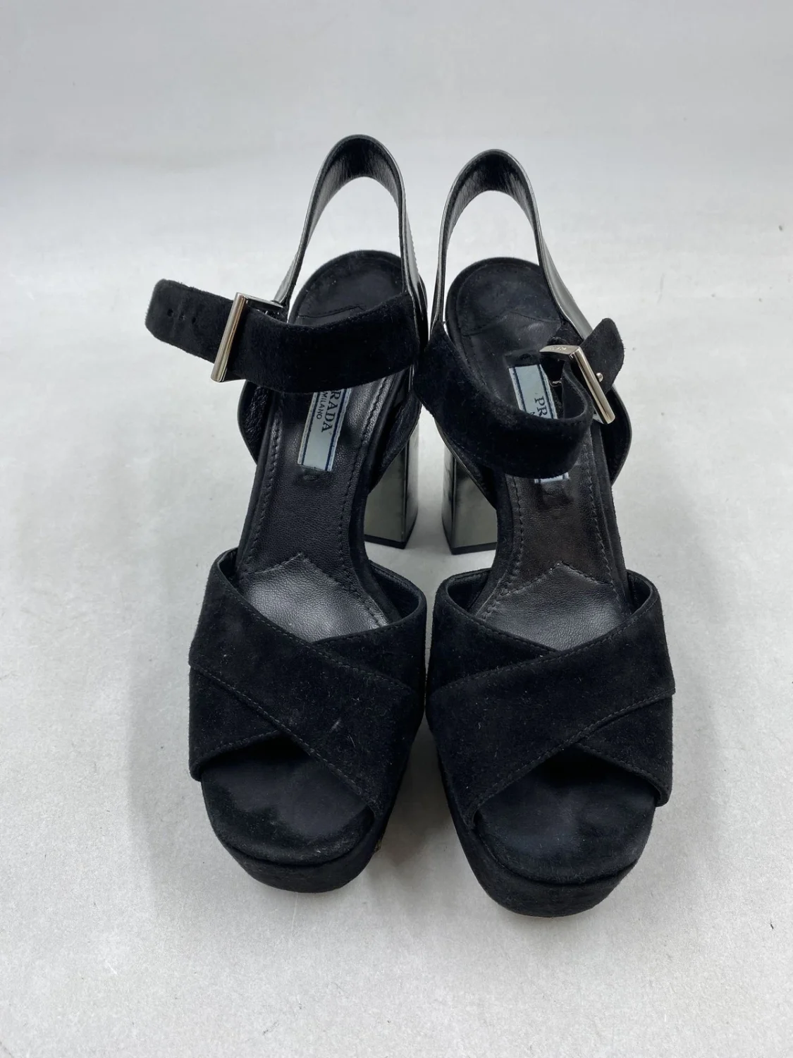 Prada 黑色麂皮绒厚底粗跟凉鞋 W 5.5-