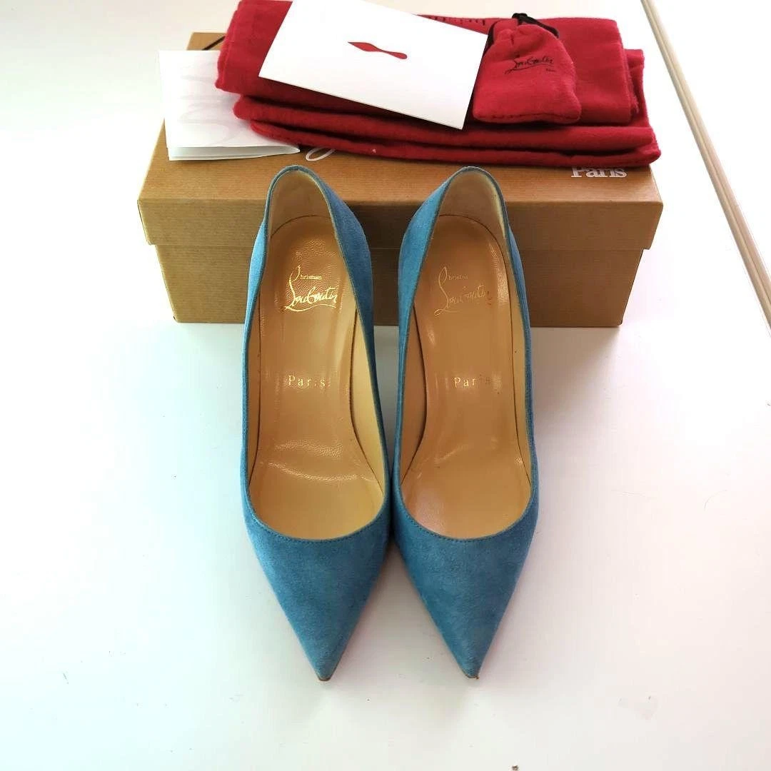 Christian Louboutin Decollet 554 麂皮绒蓝色尖头高跟鞋 35-