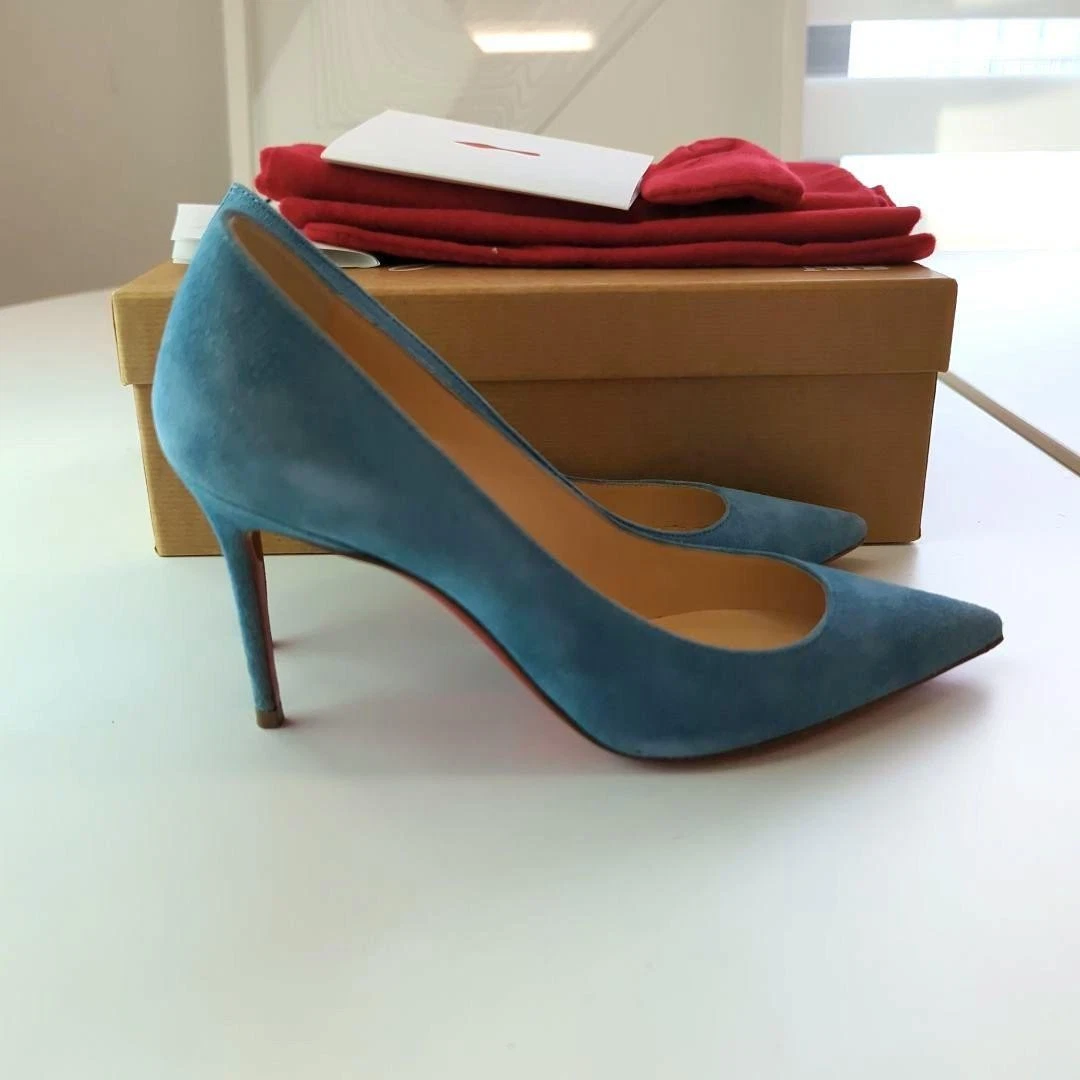 Christian Louboutin Decollet 554 麂皮绒蓝色尖头高跟鞋 35-