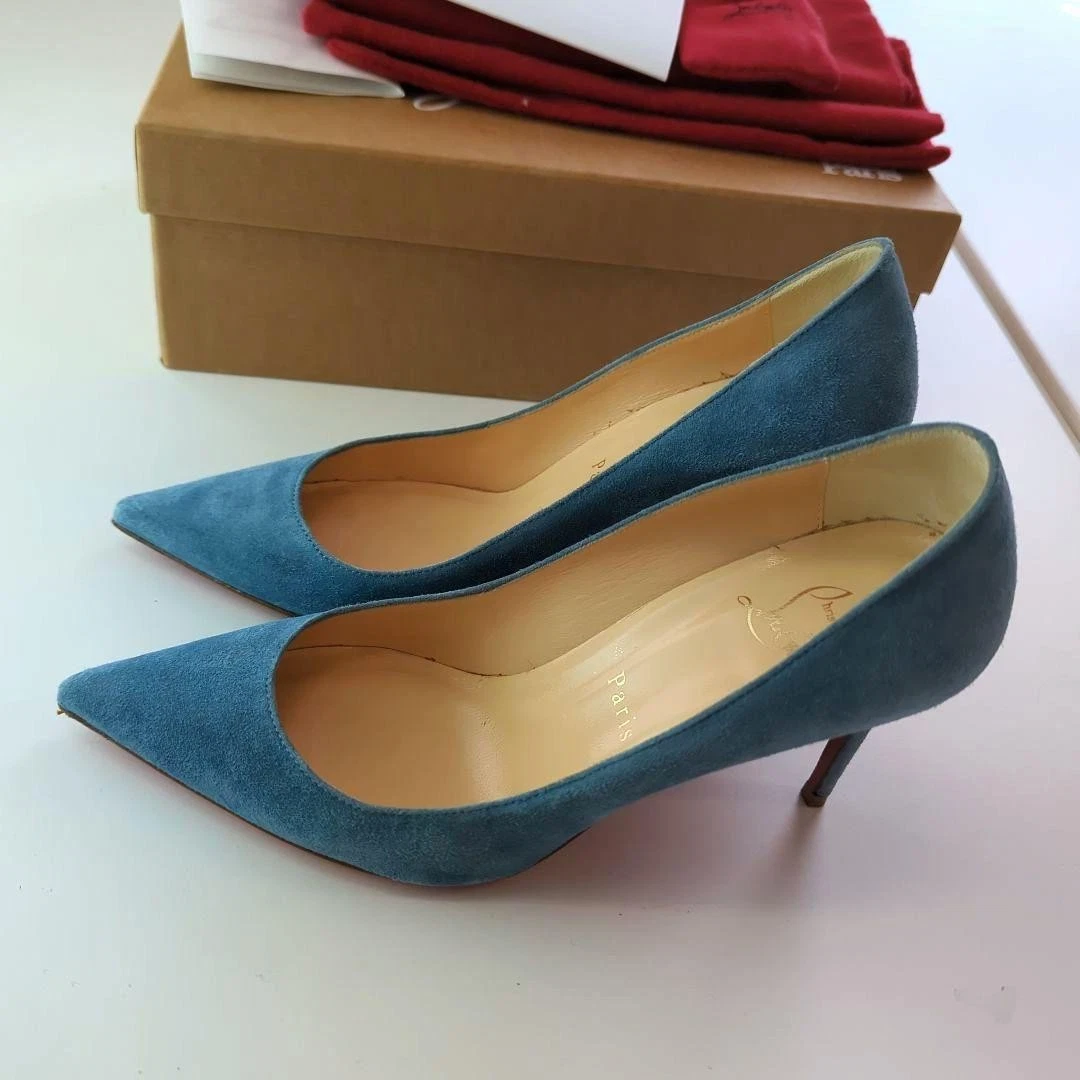 Christian Louboutin Decollet 554 麂皮绒蓝色尖头高跟鞋 35-