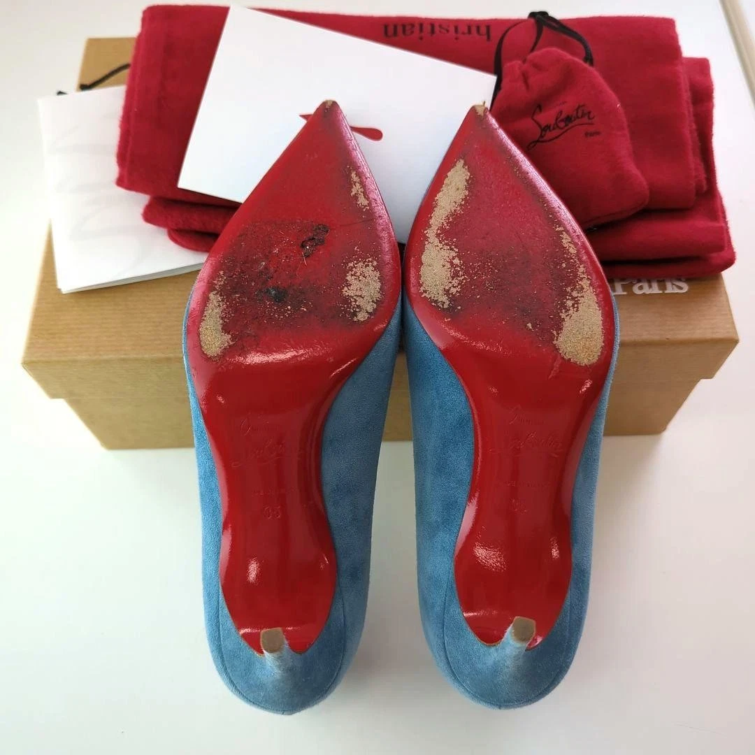 Christian Louboutin Decollet 554 麂皮绒蓝色尖头高跟鞋 35-