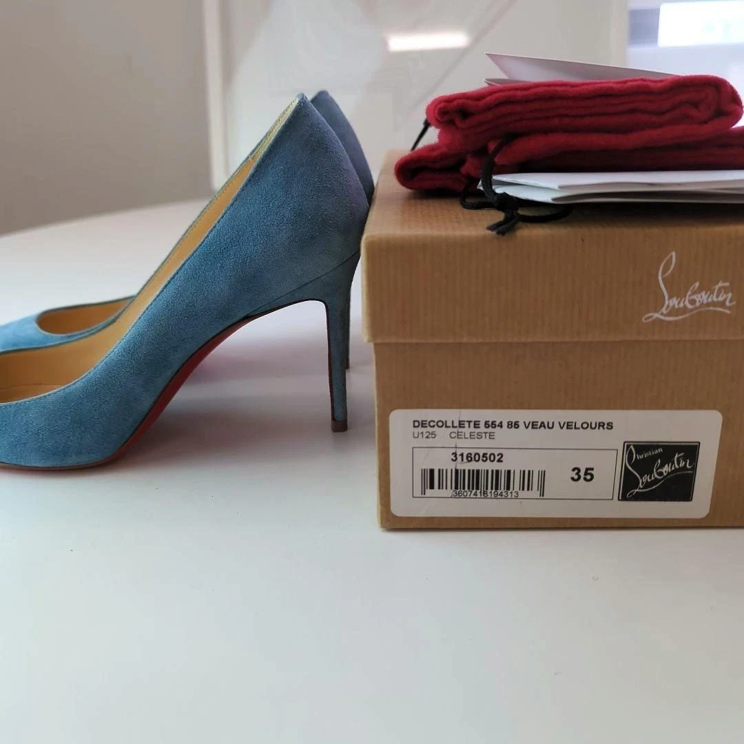 Christian Louboutin Decollet 554 麂皮绒蓝色尖头高跟鞋 35-
