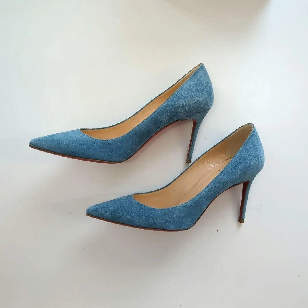 Christian Louboutin Decollet 554 麂皮绒蓝色尖头高跟鞋 35-