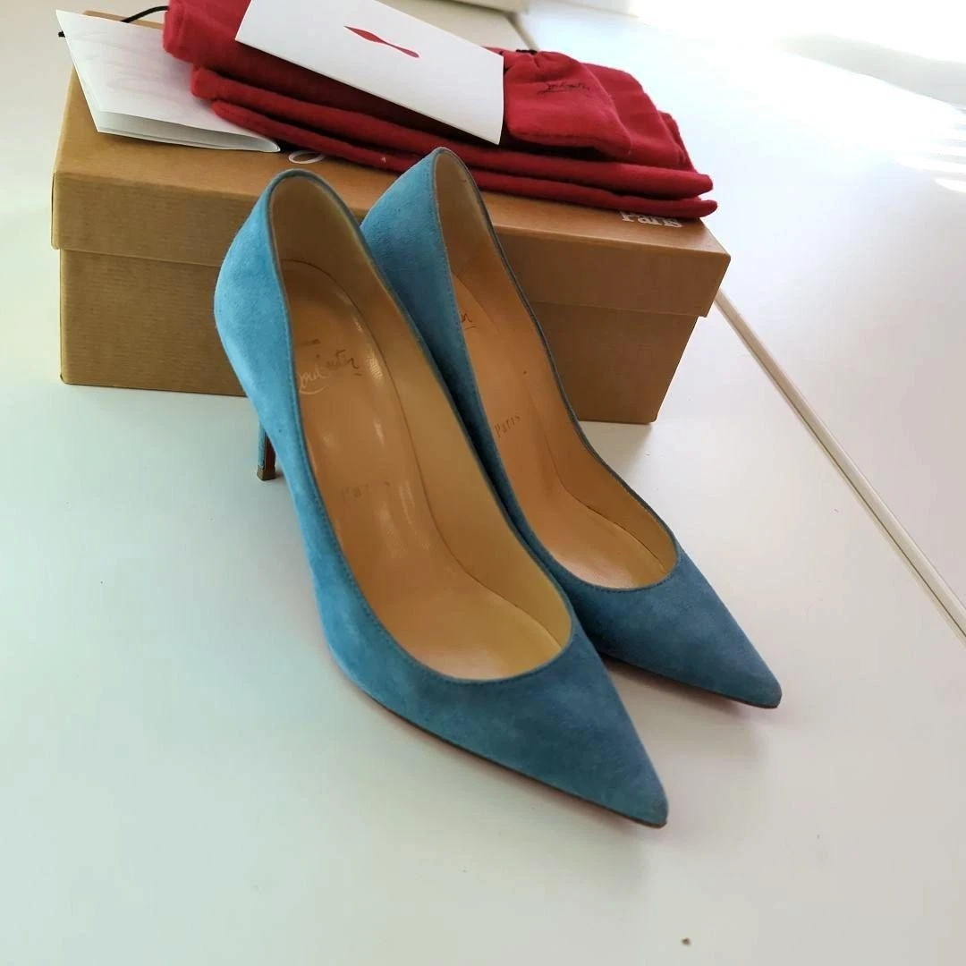 Christian Louboutin Decollet 554 麂皮绒蓝色尖头高跟鞋 35-