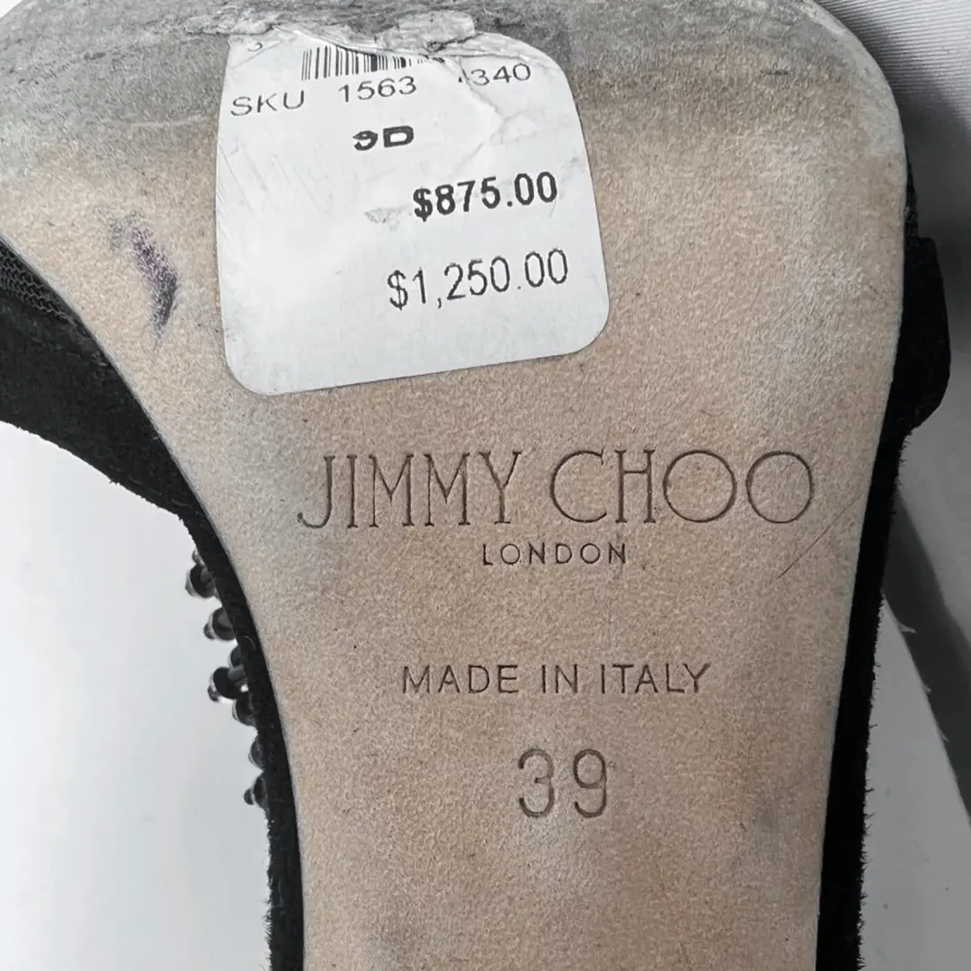 Jimmy Choo 水晶条纹网眼 T 系带高跟鞋黑色麂皮绒 39-