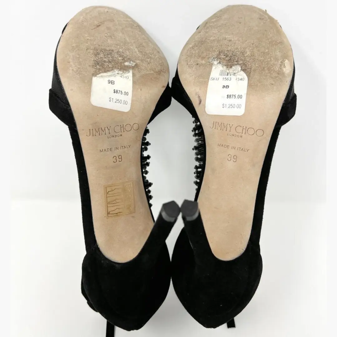 Jimmy Choo 水晶条纹网眼 T 系带高跟鞋黑色麂皮绒 39-