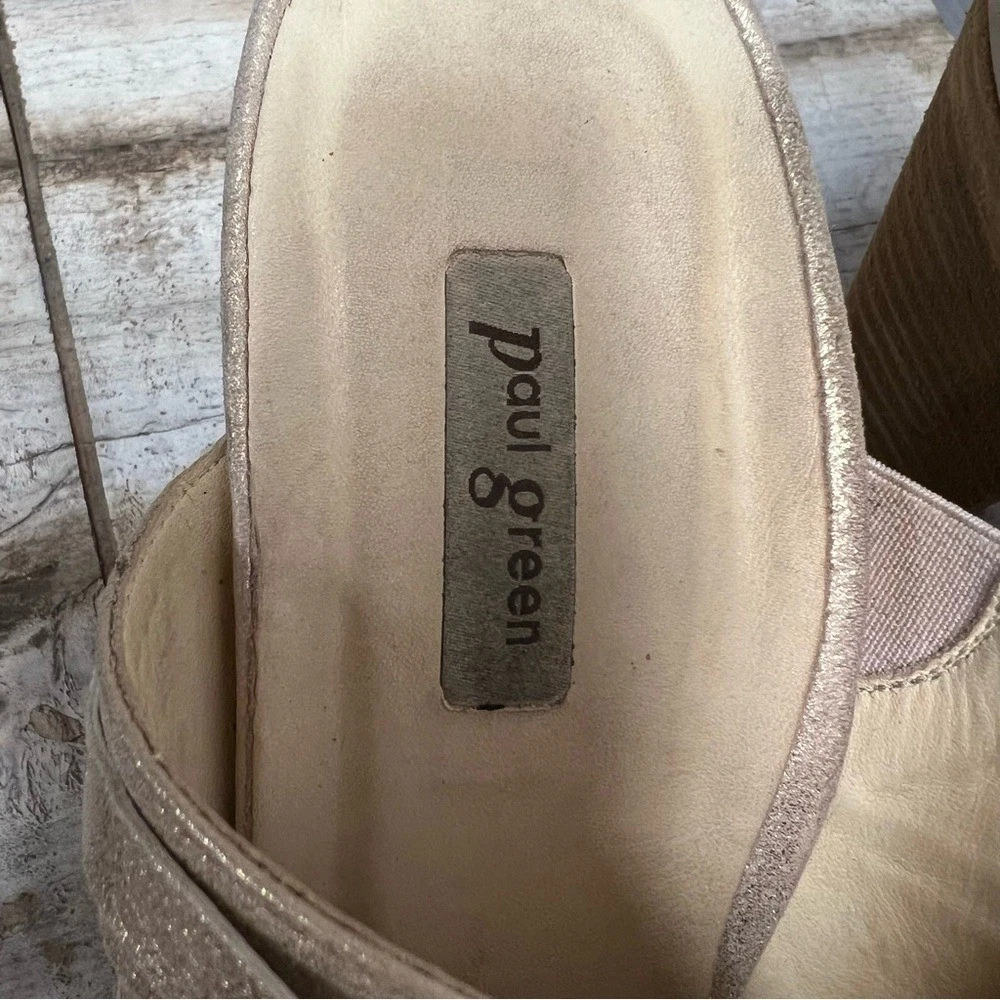 Paul 绿色金色金属皮革绑带粗跟露趾穆勒鞋 5.5 码-