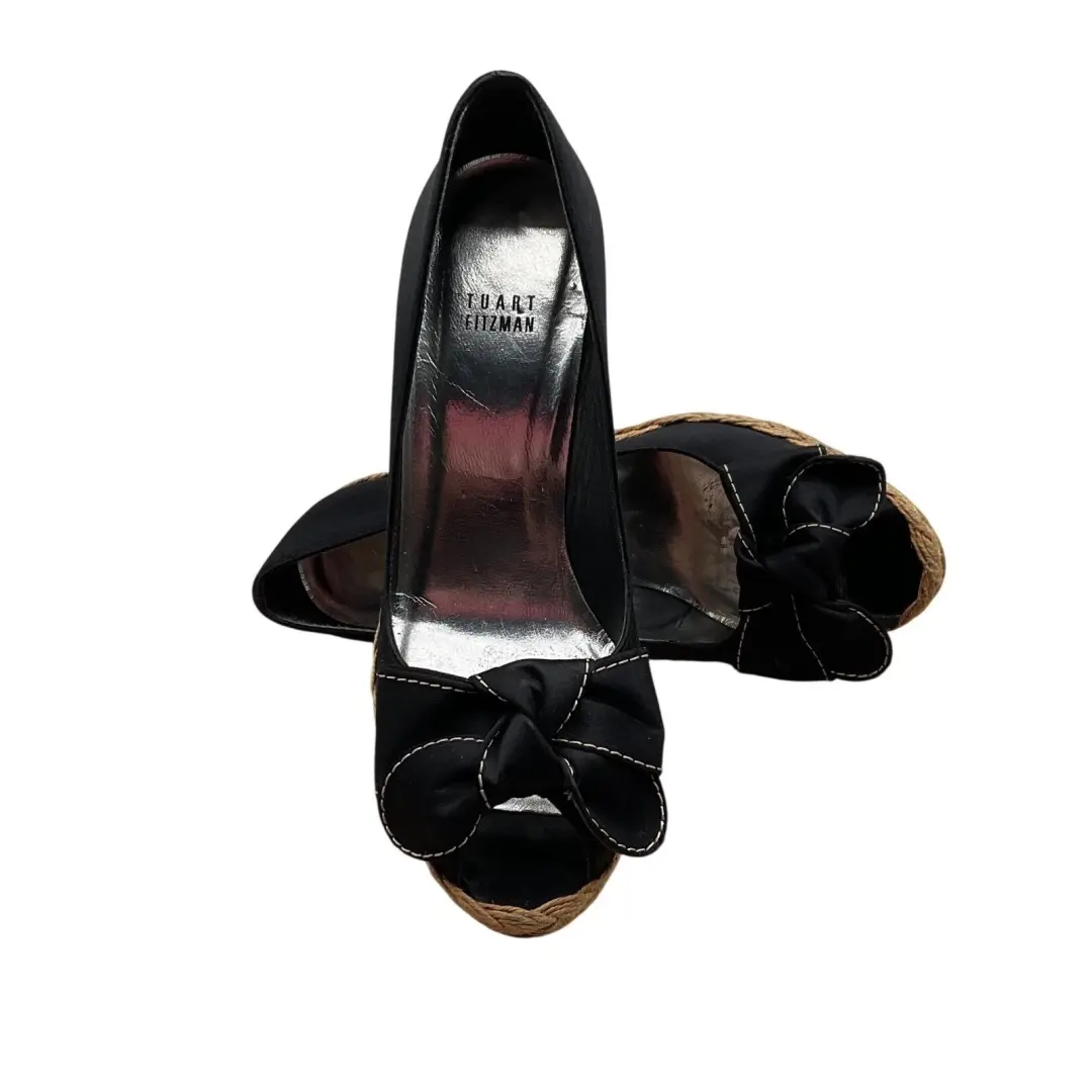Stuart Weitzman 黑色缎面蝴蝶结露趾鞋楔形 CW 28382 尺寸 6.5 M-