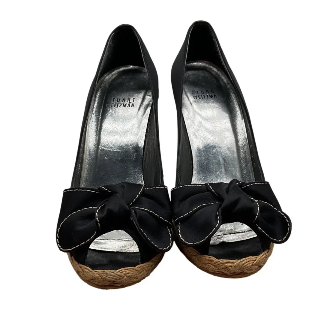 Stuart Weitzman 黑色缎面蝴蝶结露趾鞋楔形 CW 28382 尺寸 6.5 M-