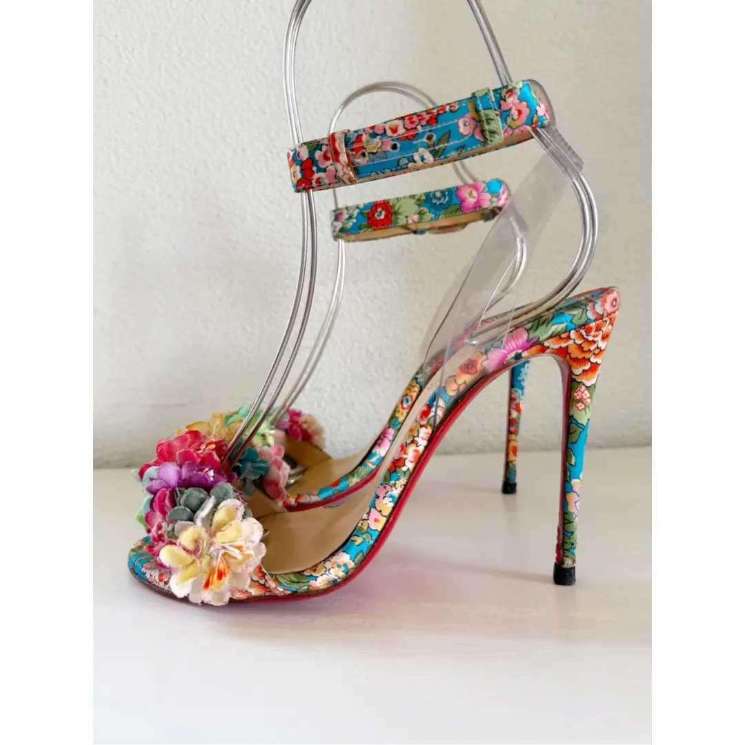 Christian Louboutin Arielita 花卉缎面 PVC 踝带高跟鞋 EU 36.5 码-