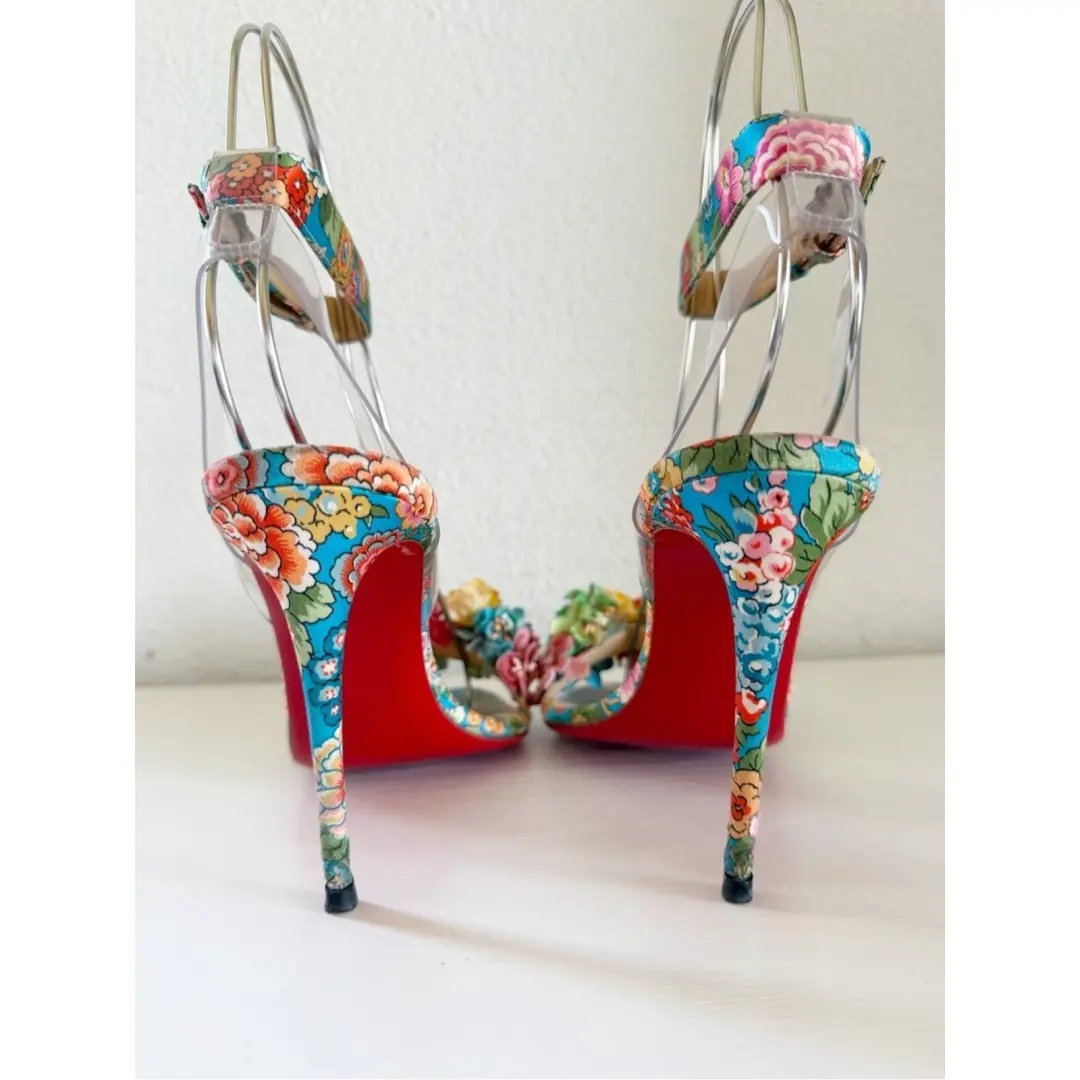 Christian Louboutin Arielita 花卉缎面 PVC 踝带高跟鞋 EU 36.5 码-