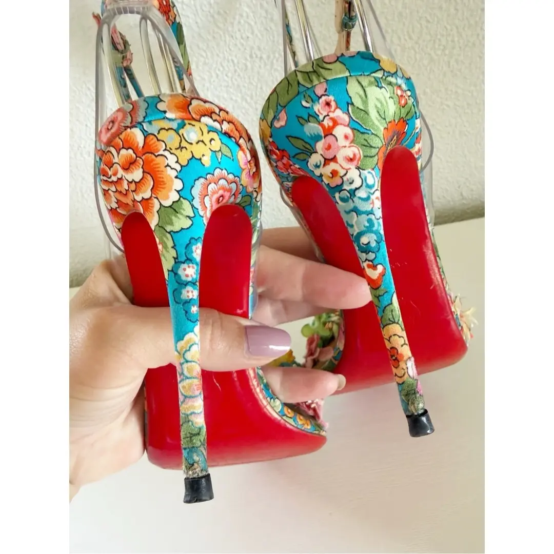 Christian Louboutin Arielita 花卉缎面 PVC 踝带高跟鞋 EU 36.5 码-