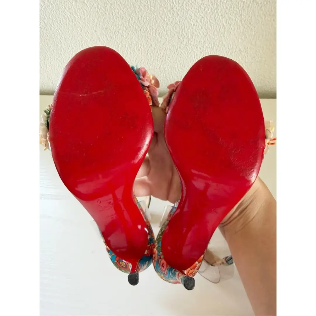 Christian Louboutin Arielita 花卉缎面 PVC 踝带高跟鞋 EU 36.5 码-