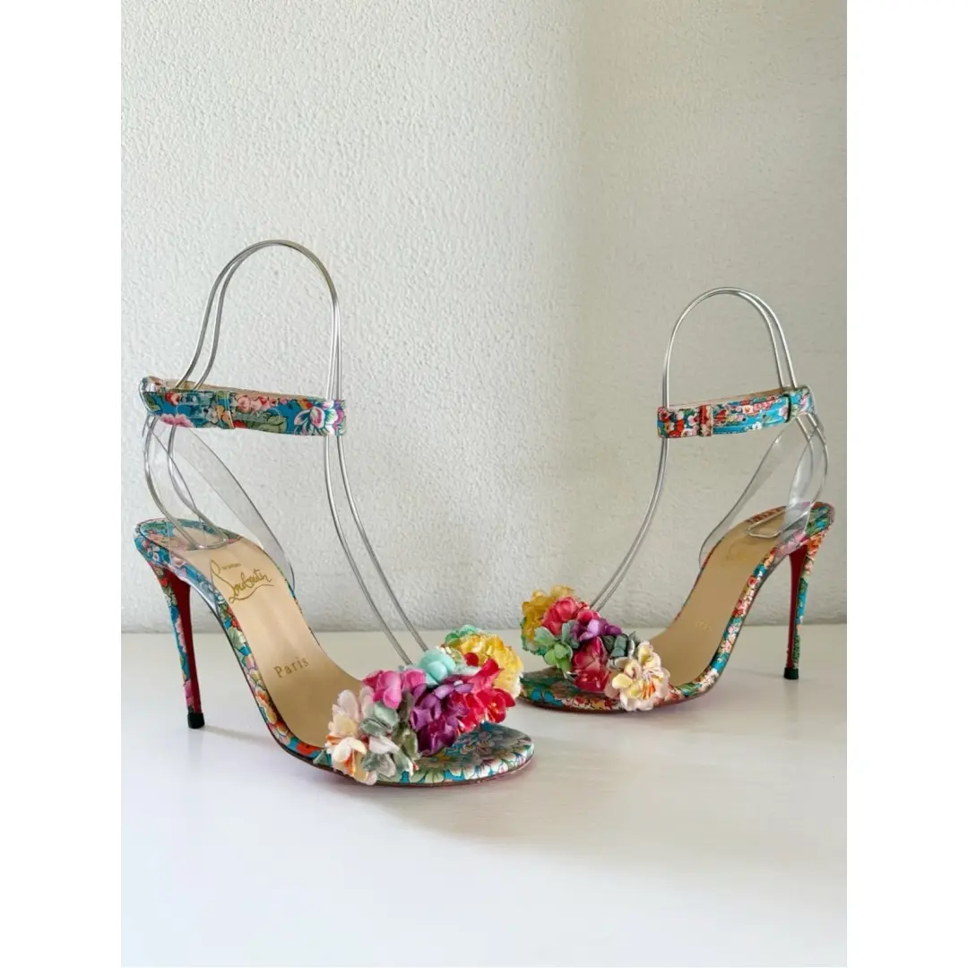 Christian Louboutin Arielita 花卉缎面 PVC 踝带高跟鞋 EU 36.5 码-