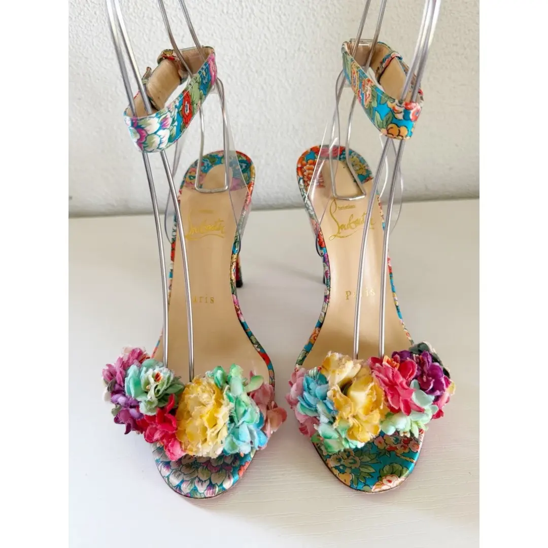 Christian Louboutin Arielita 花卉缎面 PVC 踝带高跟鞋 EU 36.5 码-
