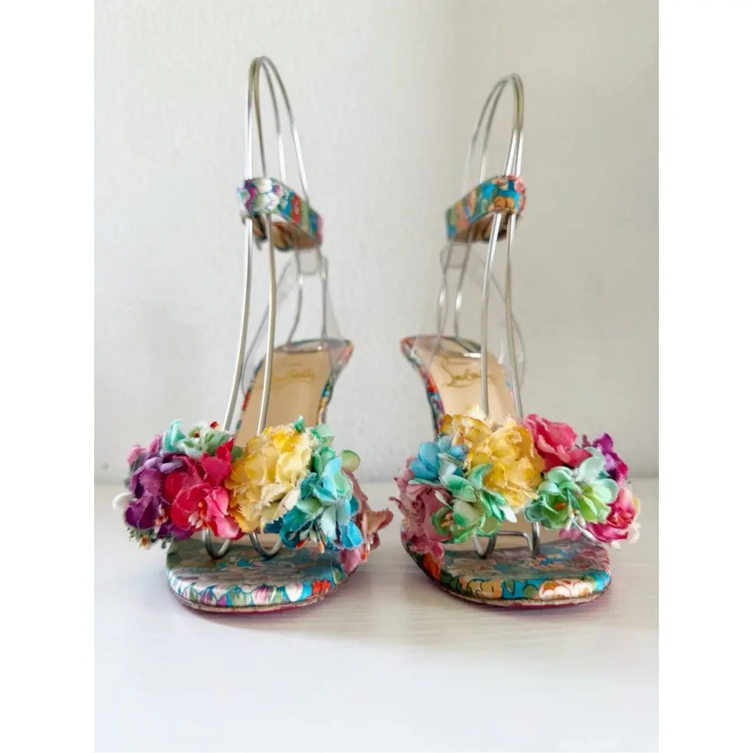 Christian Louboutin Arielita 花卉缎面 PVC 踝带高跟鞋 EU 36.5 码-