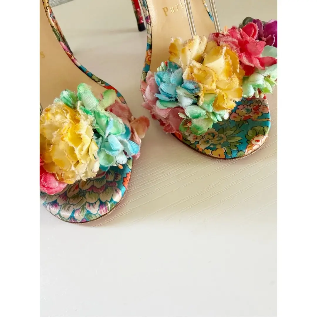 Christian Louboutin Arielita 花卉缎面 PVC 踝带高跟鞋 EU 36.5 码-