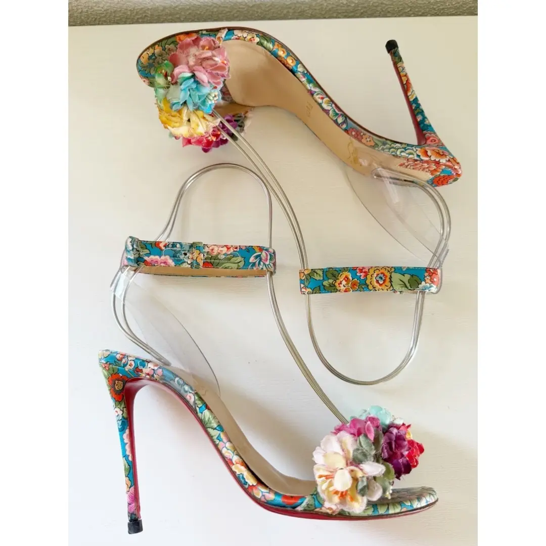 Christian Louboutin Arielita 花卉缎面 PVC 踝带高跟鞋 EU 36.5 码-