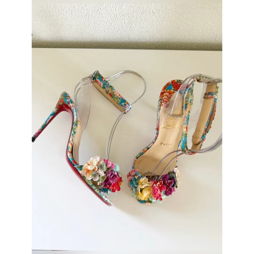 Christian Louboutin Arielita 花卉缎面 PVC 踝带高跟鞋 EU 36.5 码-
