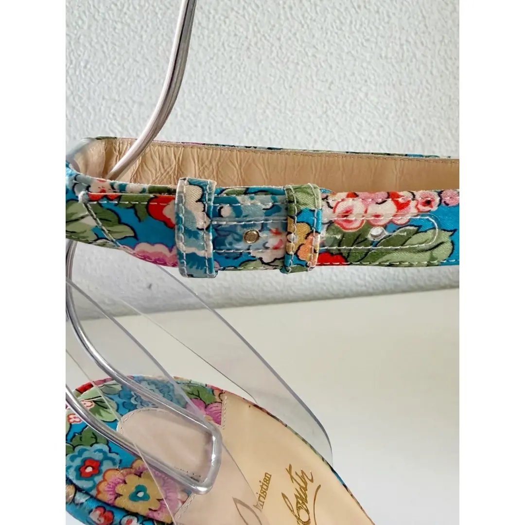 Christian Louboutin Arielita 花卉缎面 PVC 踝带高跟鞋 EU 36.5 码-