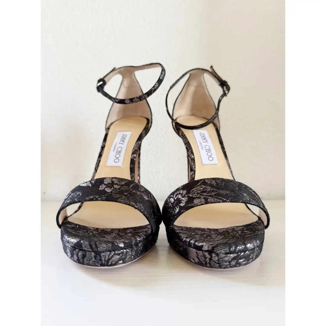 Jimmy Choo Misty 黑色银色锦缎踝带高跟鞋 EU 39 码-